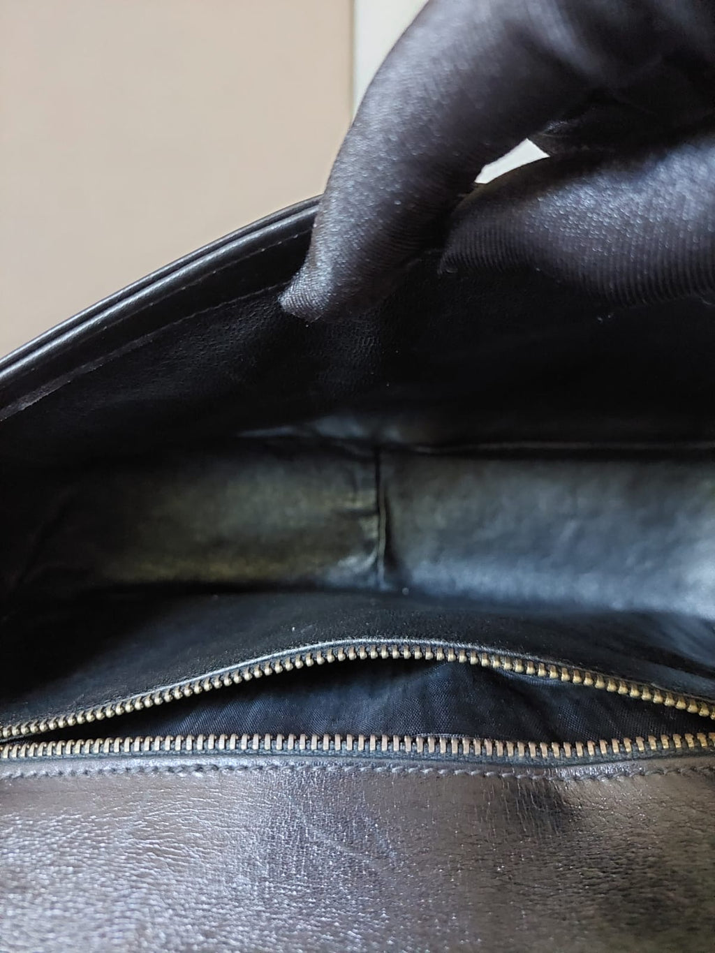 CELINE rare large gold Arc de Triomphe black saddle leather small bag / side backpack / shoulder bag