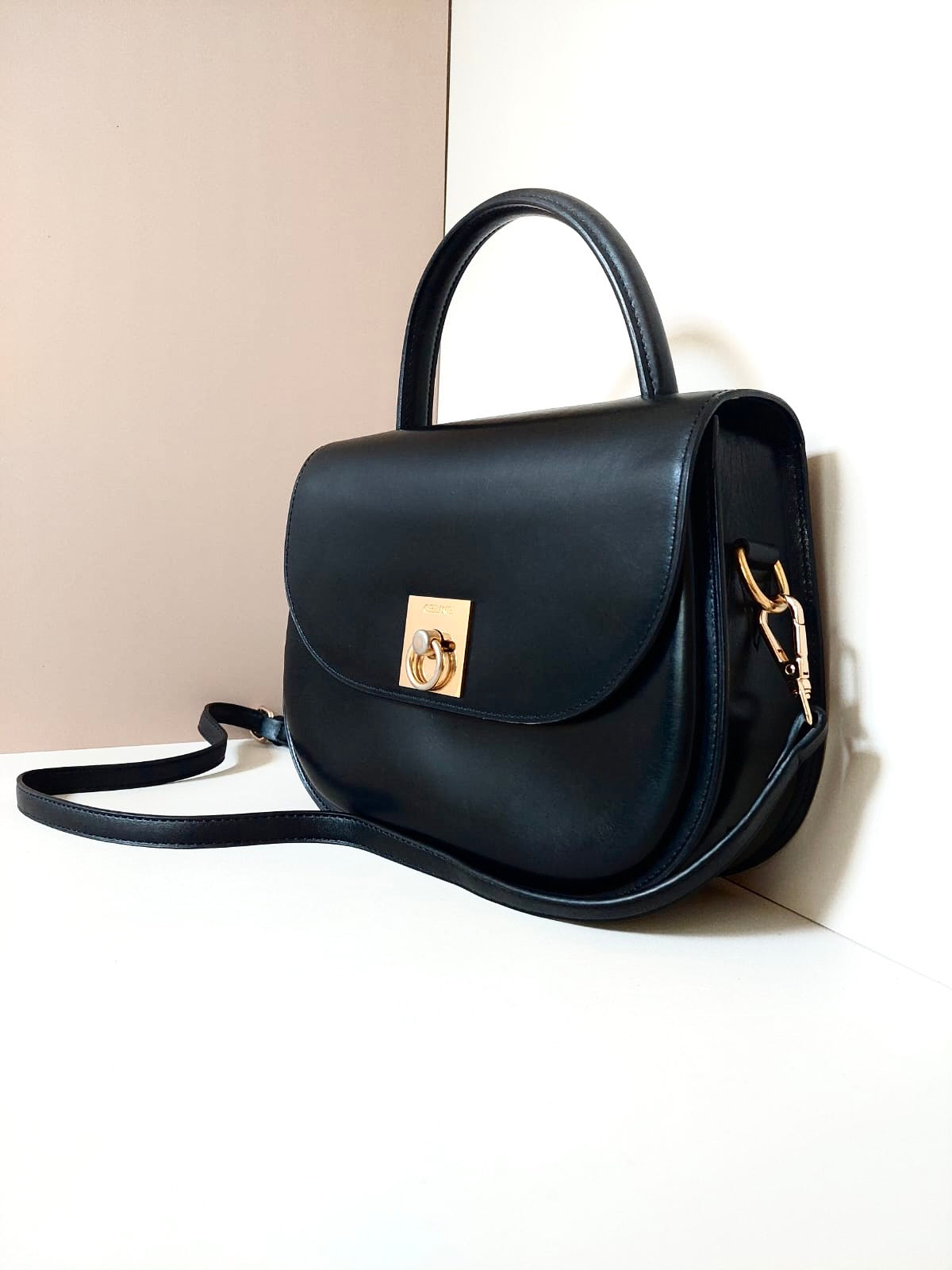 CELINE rare black half moon Kelly crossbody bag / side backpack / handbag