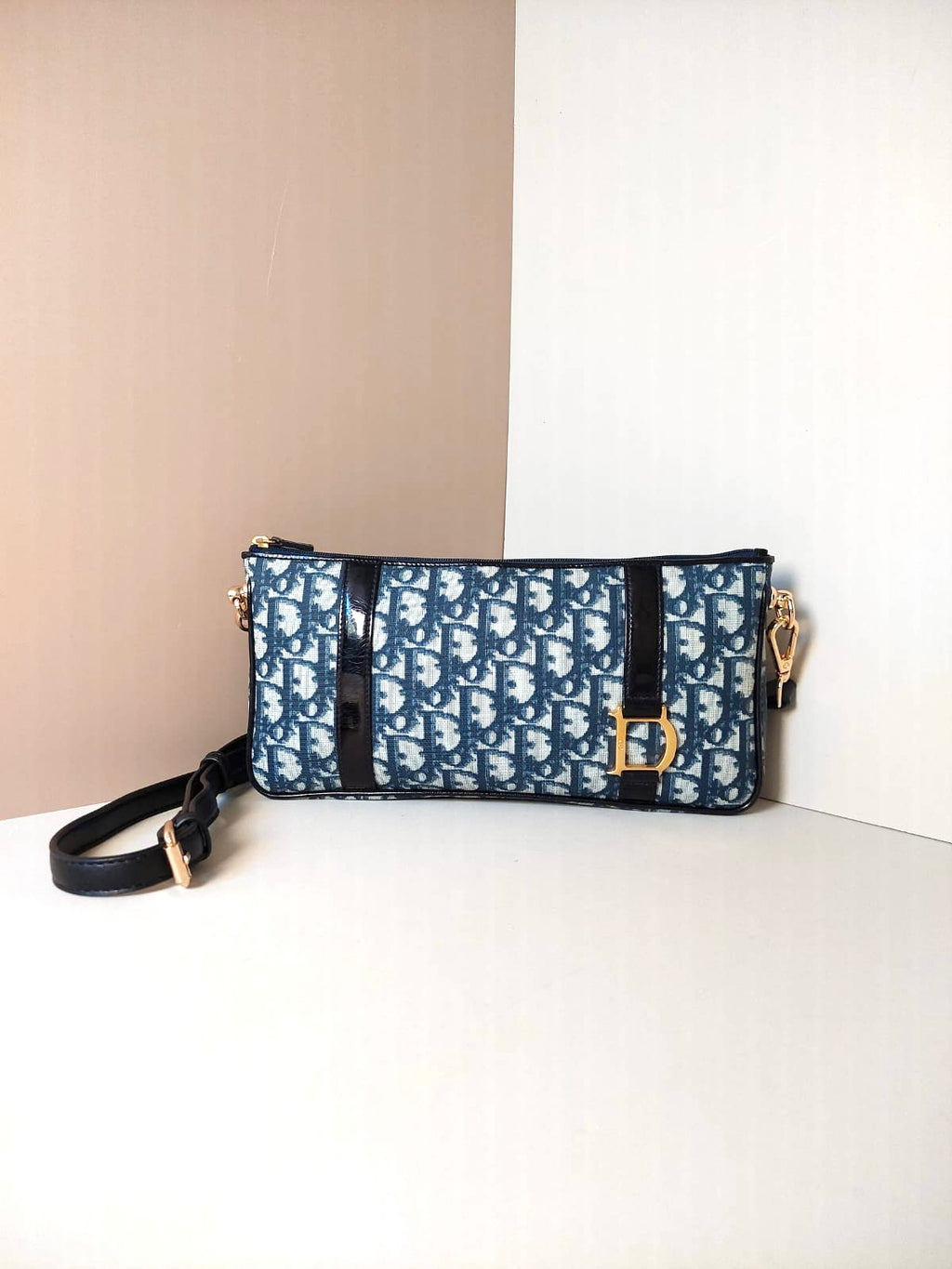 CHRISTIAN DIOR rare dark blue and white monogram shoulder bag / side bag / oblique bag