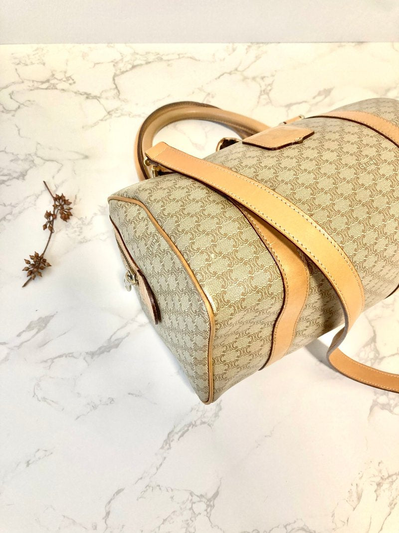 CELINE Brown Monogram Canvas Two-way Mini Boston Bag/Handbag/Shoulder Bag/Crossbody Bag