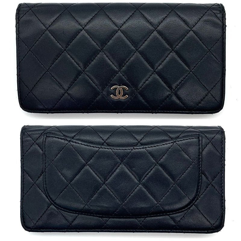 CHANEL Black Silver Label Lambskin Leather Long Wallet/Wallet - Japanese Second-hand Vintage