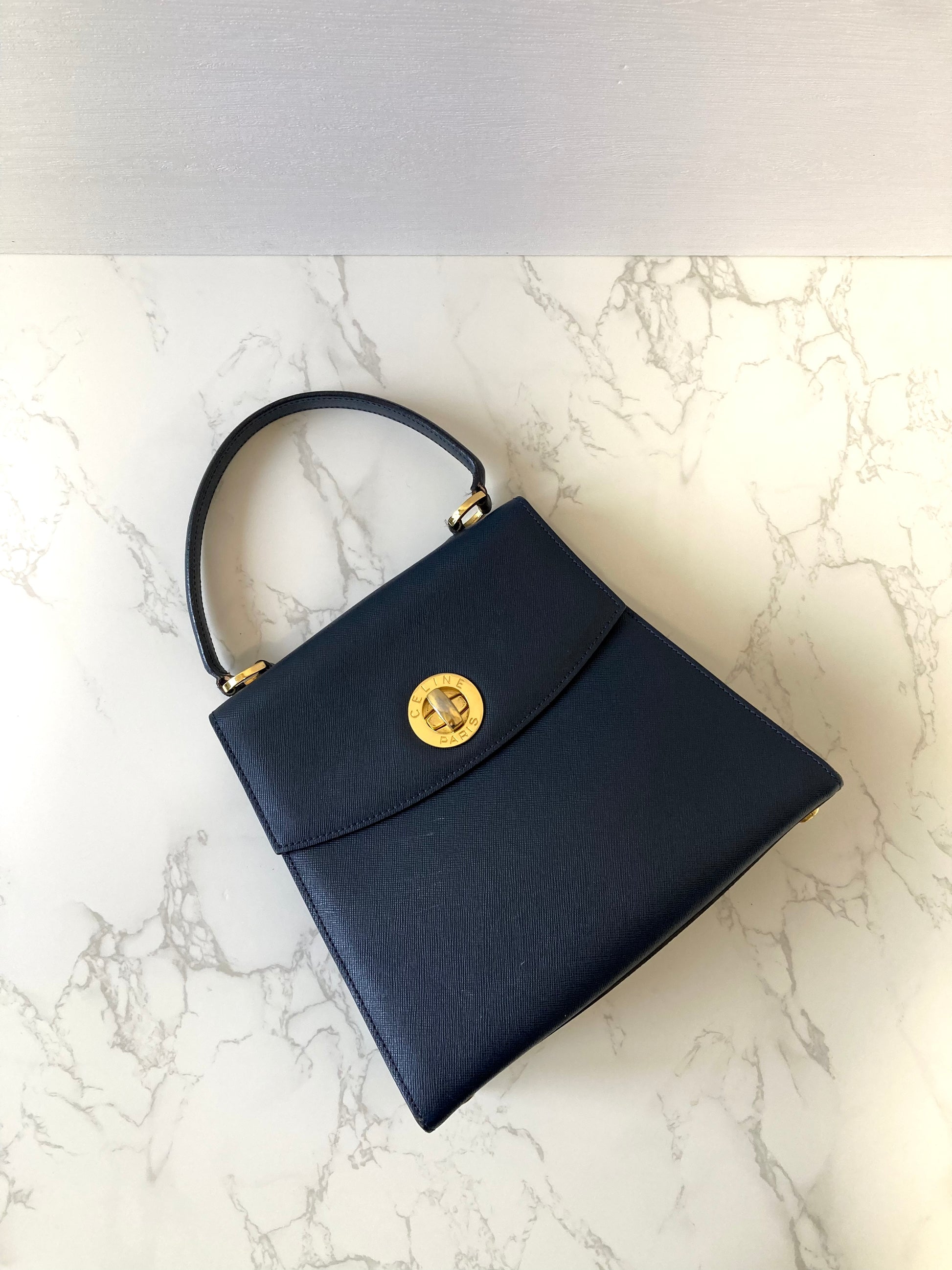 CELINE Rare Navy Blue x Gold Kelly Bag