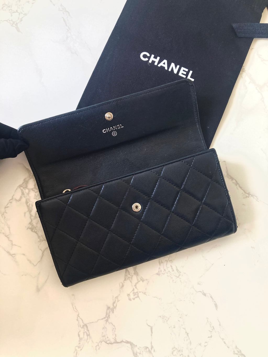 CHANEL Classic Black Lamb Skin Long Wallet