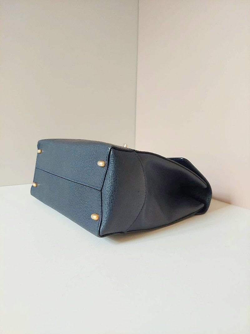 CELINE rare dark blue gold square buckle Kelly leather side bag / crossbody bag / handbag