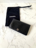 CHANEL Black Camellia Silver Label Leather Long Wallet/Wallet