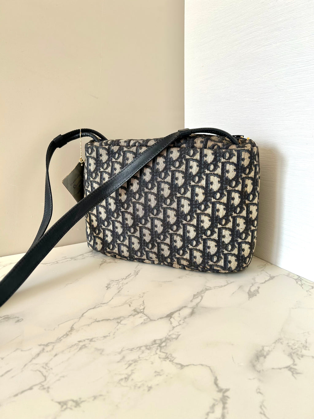 CHRISTIAN DIOR 稀有深藍色黑老花豆腐側背包