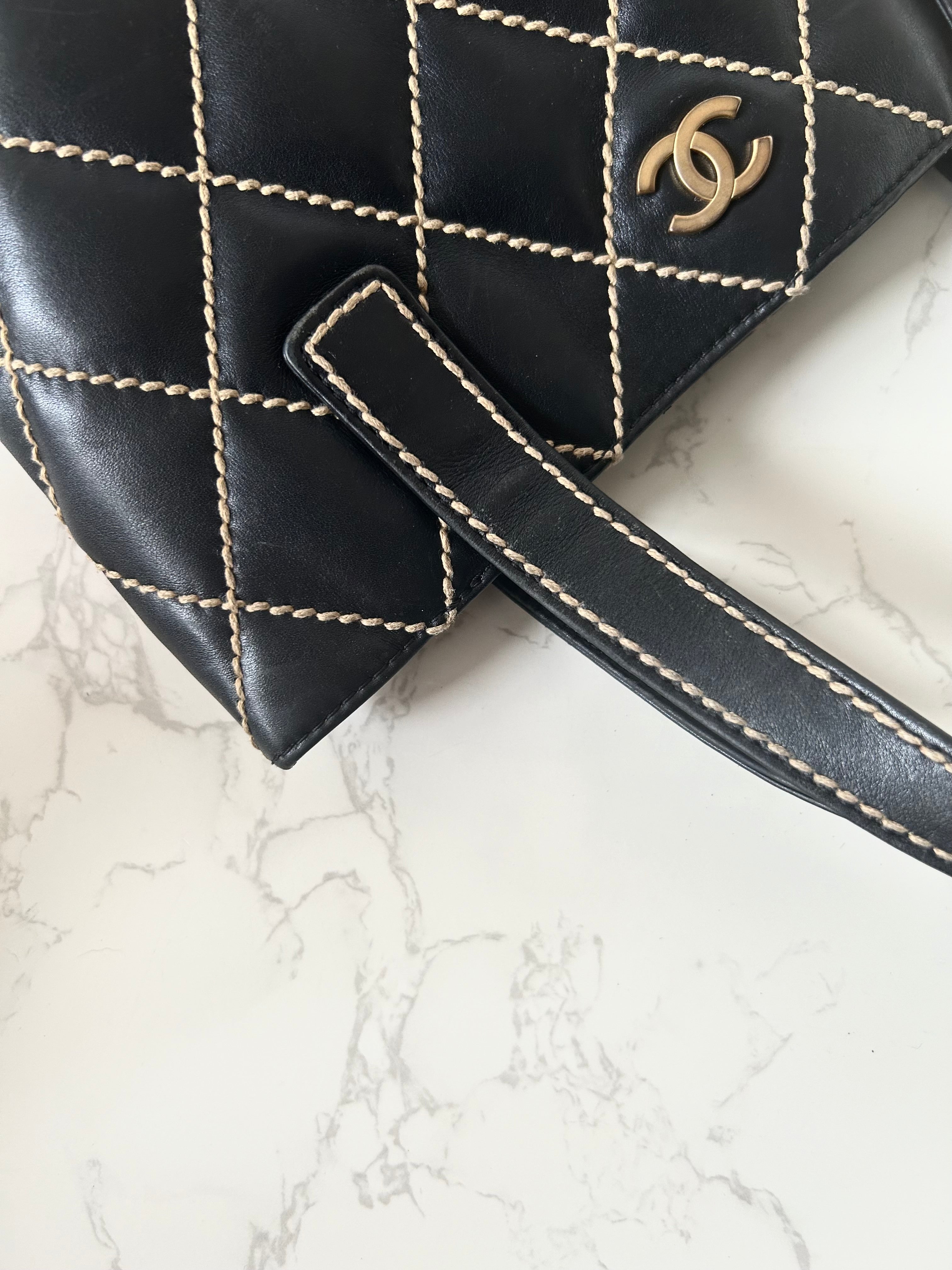 CHANEL Wild Stitch Vivian black gold label small tote bag / side bag
