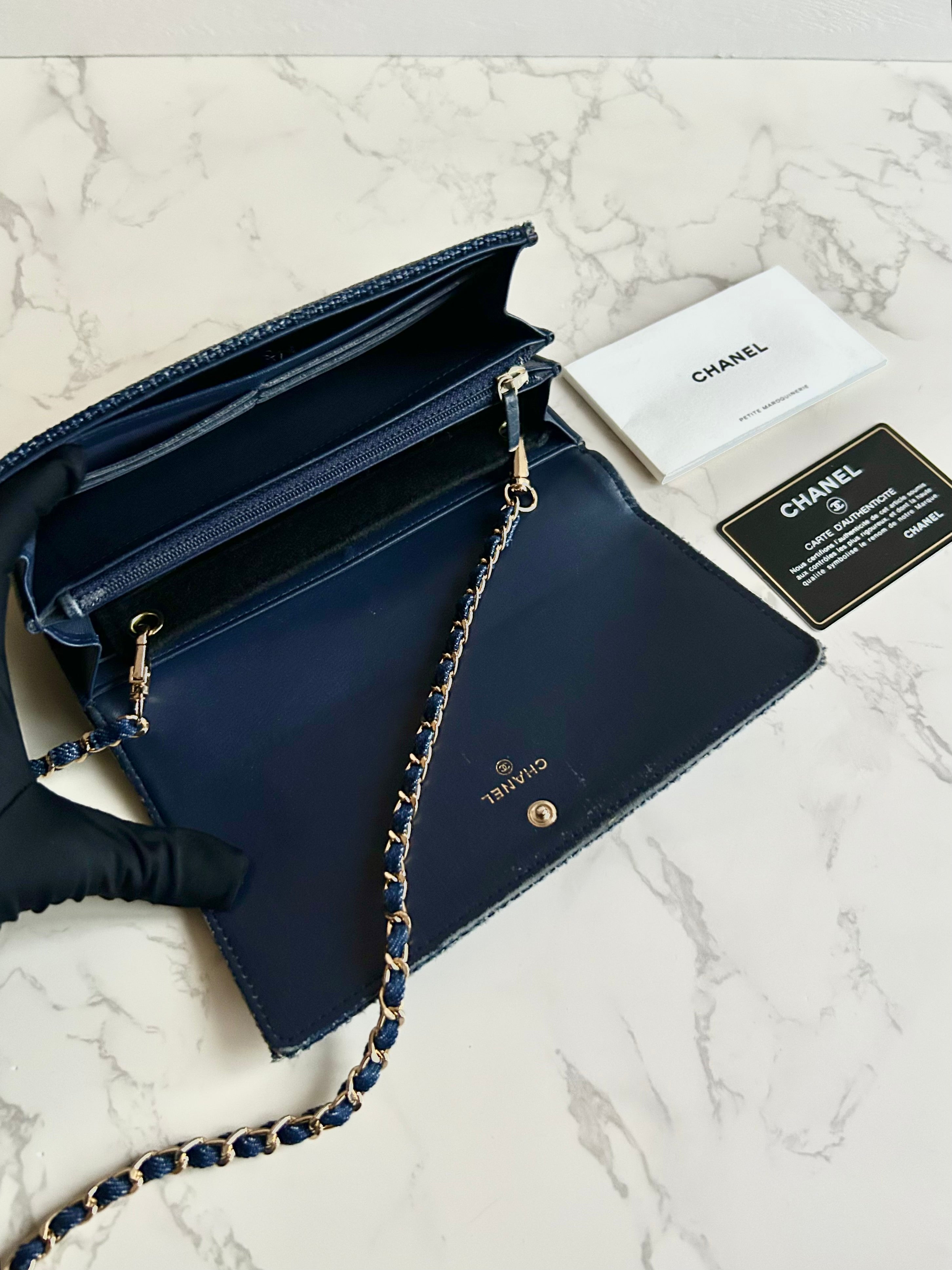 Rare Full Set Chanel Denim Patchwork WOC Shoulder Bag Crossbody Bag Long Wallet