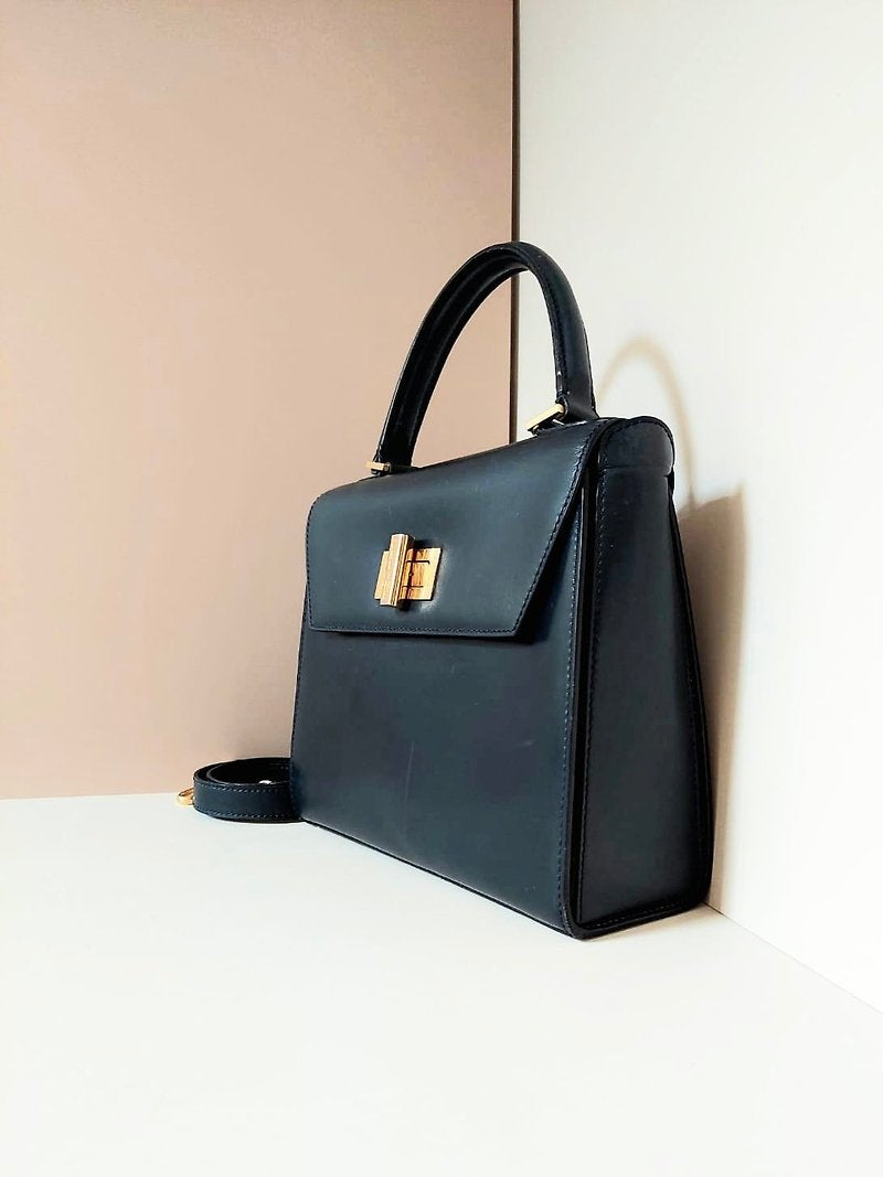 CELINE 稀有黑色金旋轉扣小凱莉皮革側背包/斜背包/手提包 - 日本中古二手Vintage