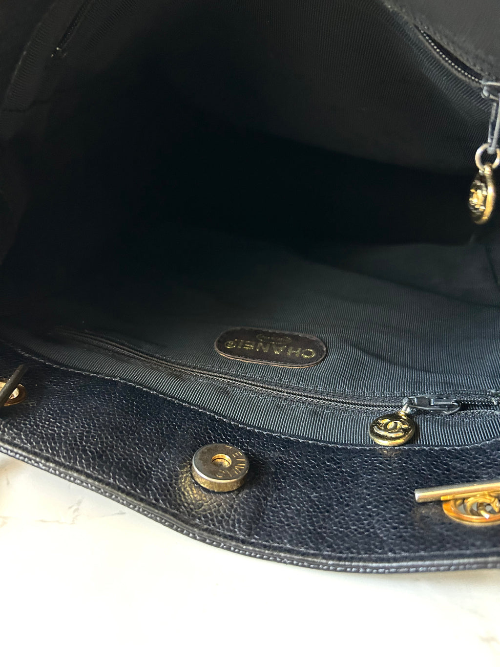 CHANEL black caviar leather chain tote bag / side bag