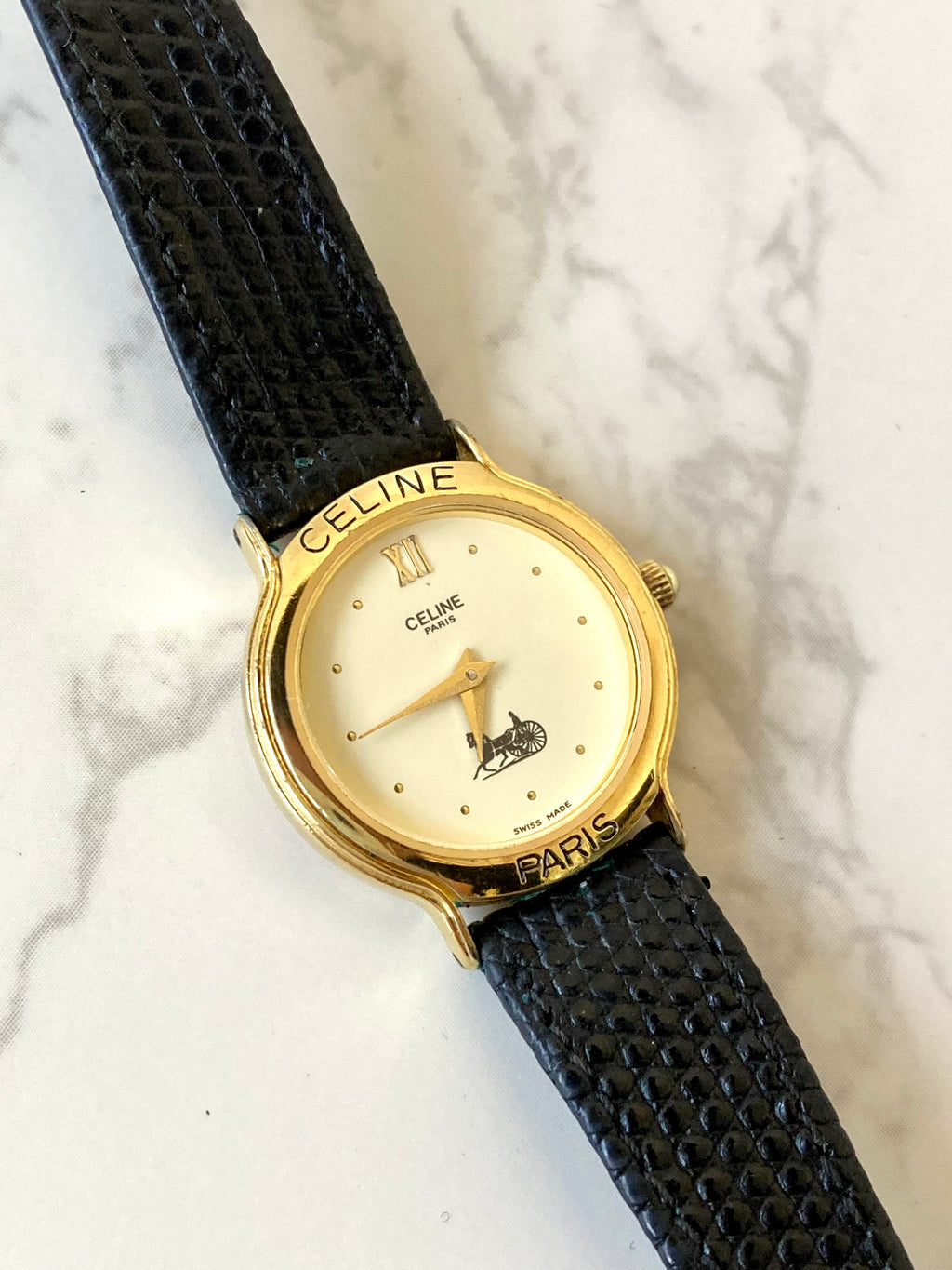 CELINE Rare Horse Carriage Black x Gold Leather Lady's Quartz Watch