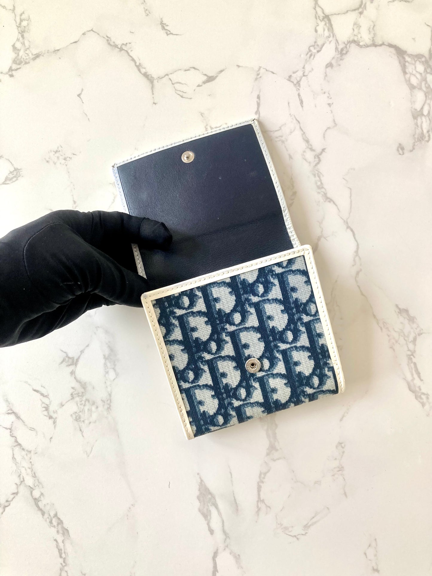 CHRISTIAN DIOR White x Navy Trotter Monogram Compact Wallet