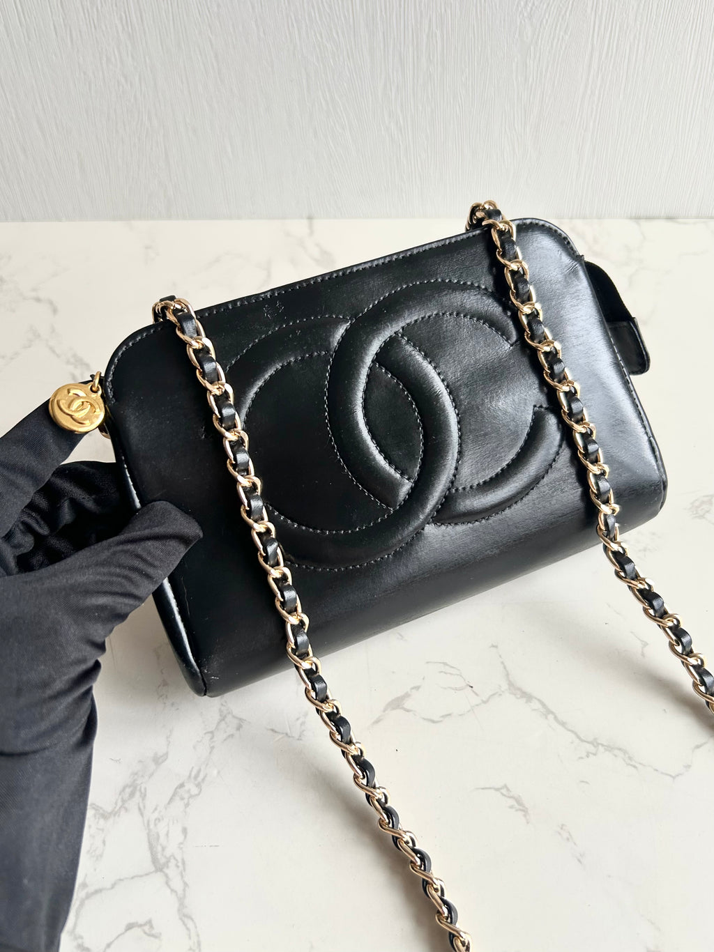 Chanel黑金色皮革斜背包 單肩包 側背包 中古包