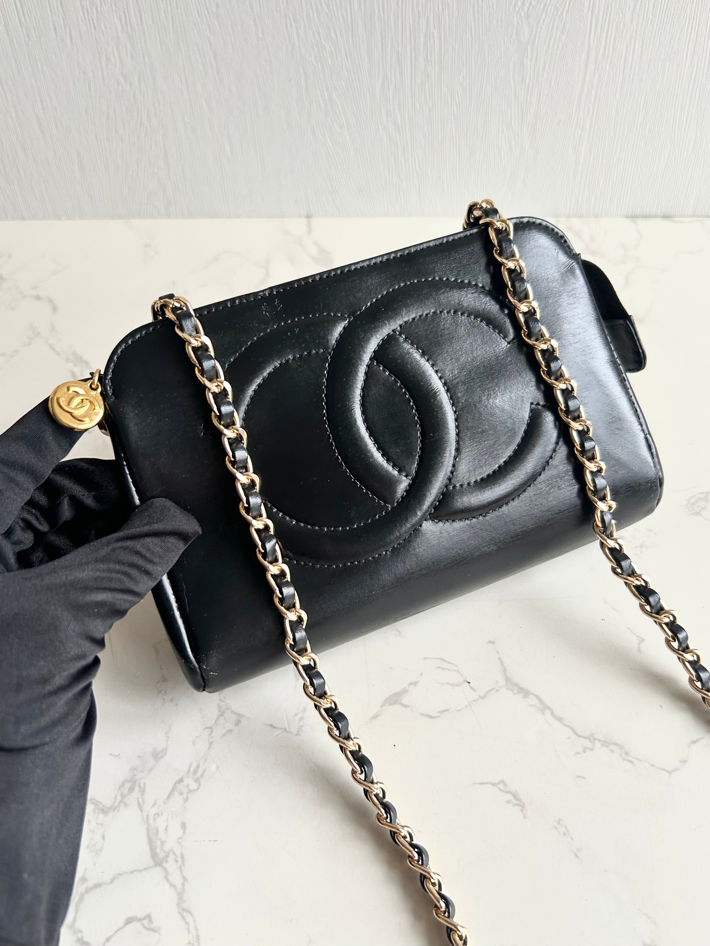 Chanel黑金色皮革斜背包 單肩包 側背包 中古包