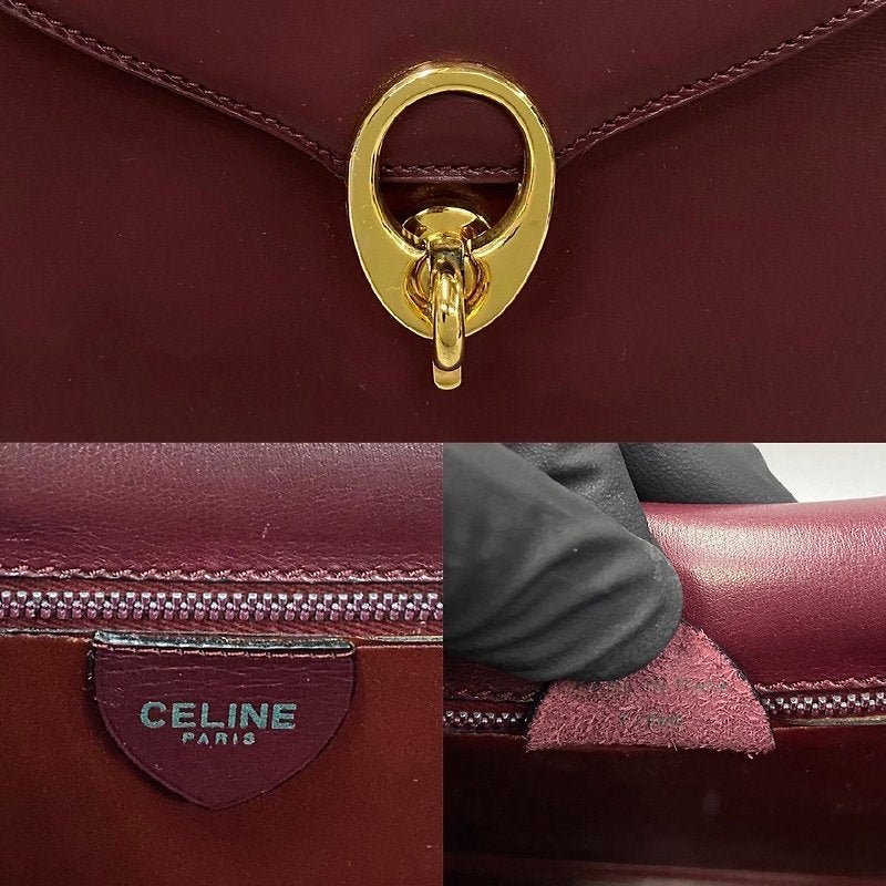 CELINE rare wine red double gold buckle leather box small bag/side backpack/underarm bag