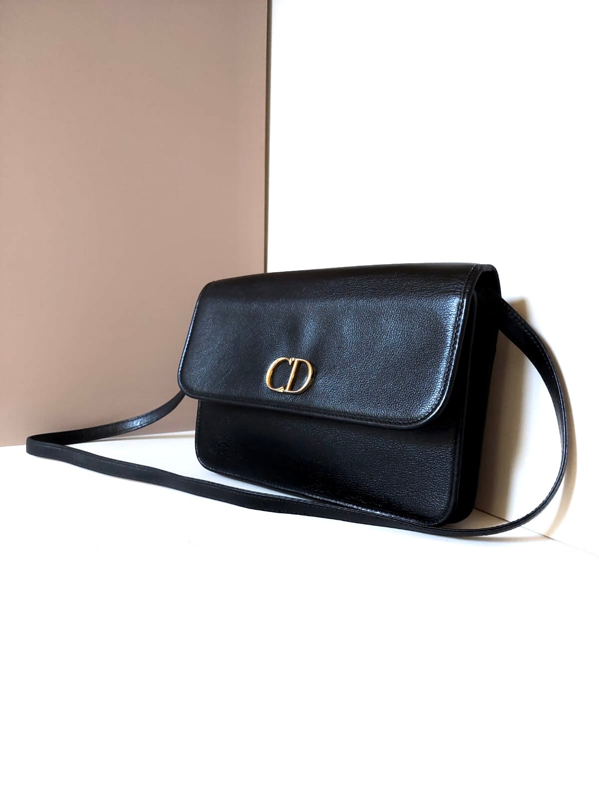 CHRISTIAN DIOR Rare black leather CD gold buckle flap side bag / short crossbody bag