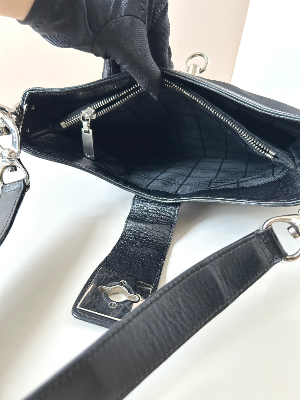 CELINE rare black silver ring patchwork leather Blason side backpack / shoulder bag