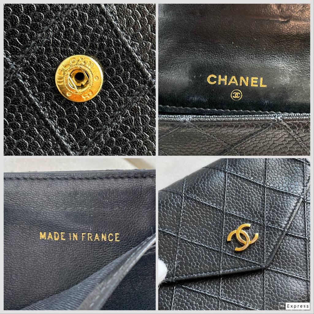 CHANEL 稀有雙面金扣黑色魚子醬牛皮皮革短夾/小錢包/銀包