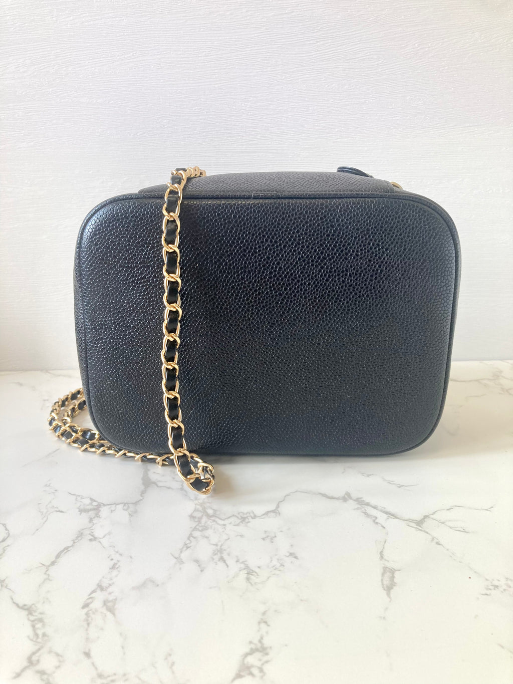 CHANEL Black Caviar Leather Vanity Case / Crossbody Chain Bag