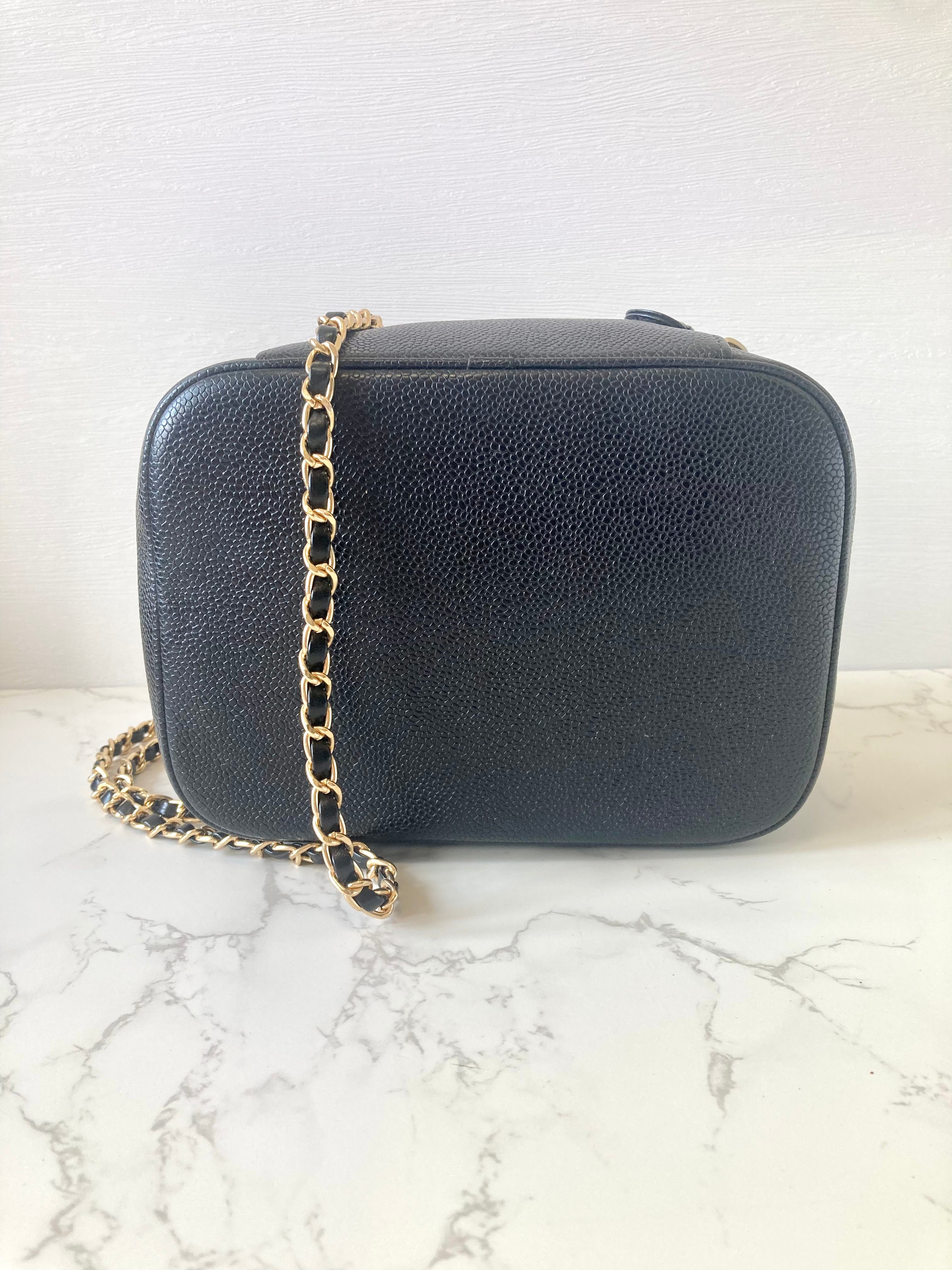CHANEL Black Caviar Leather Vanity Case / Crossbody Chain Bag