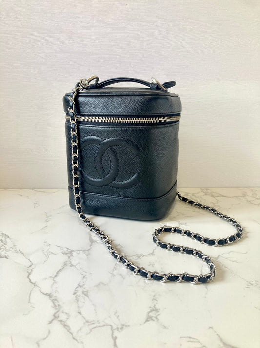 CHANEL Black Caviar Leather Vertical Vanity Case / Chain Crossbody Bag