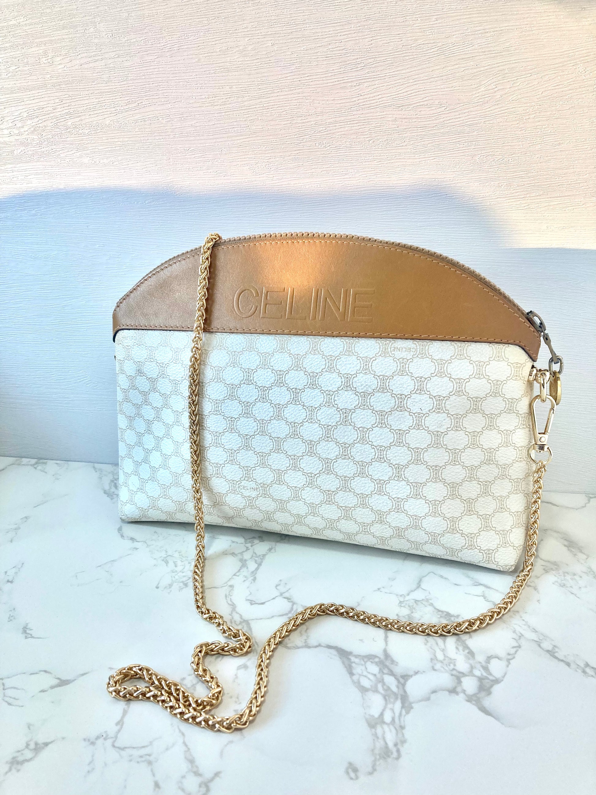 CELINE Rare White Monogram Half Moon Pouch Chain Bag (Add-on)