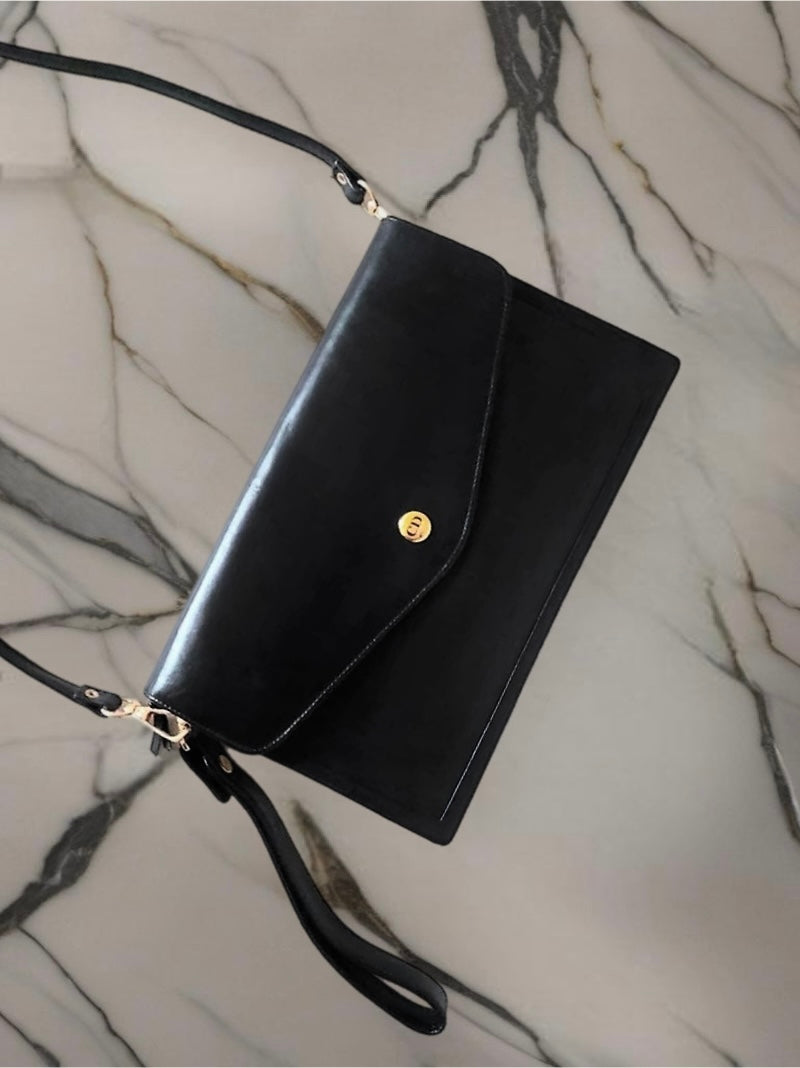 CHRISTIAN DIOR black and gold leather envelope small bag/side bag/crossbody bag/clutch-Japanese second-hand Vintage