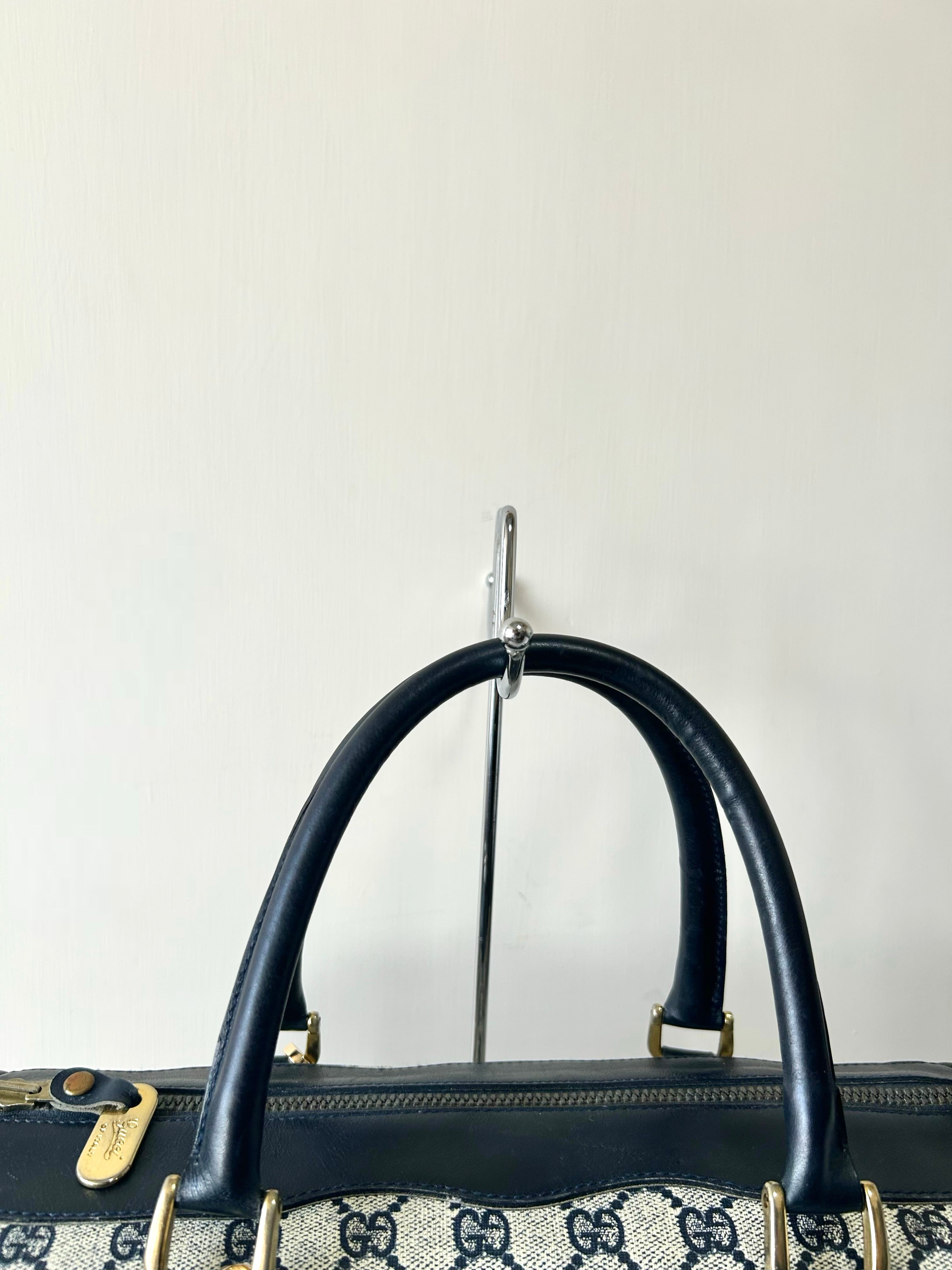 GUCCI rare blue and black old flower leather Boston bag / side bag / oblique bag