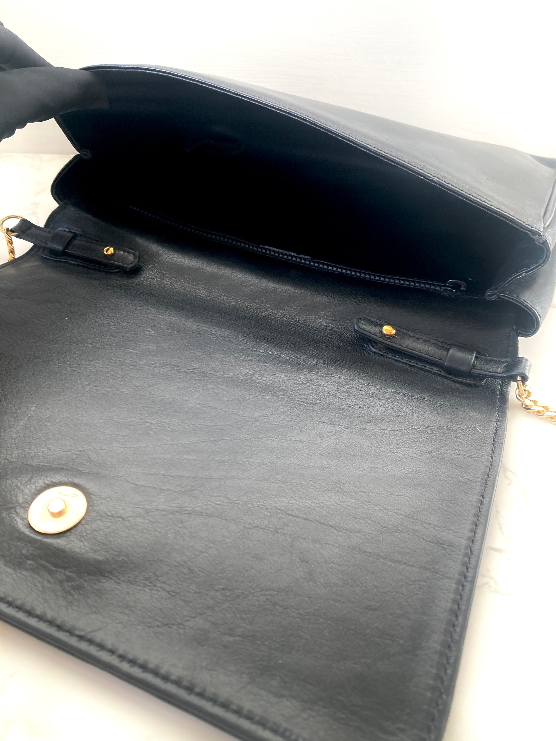 CELINE Rare Triomphe Gold Coin Black Leather Chain Crossbody Bag