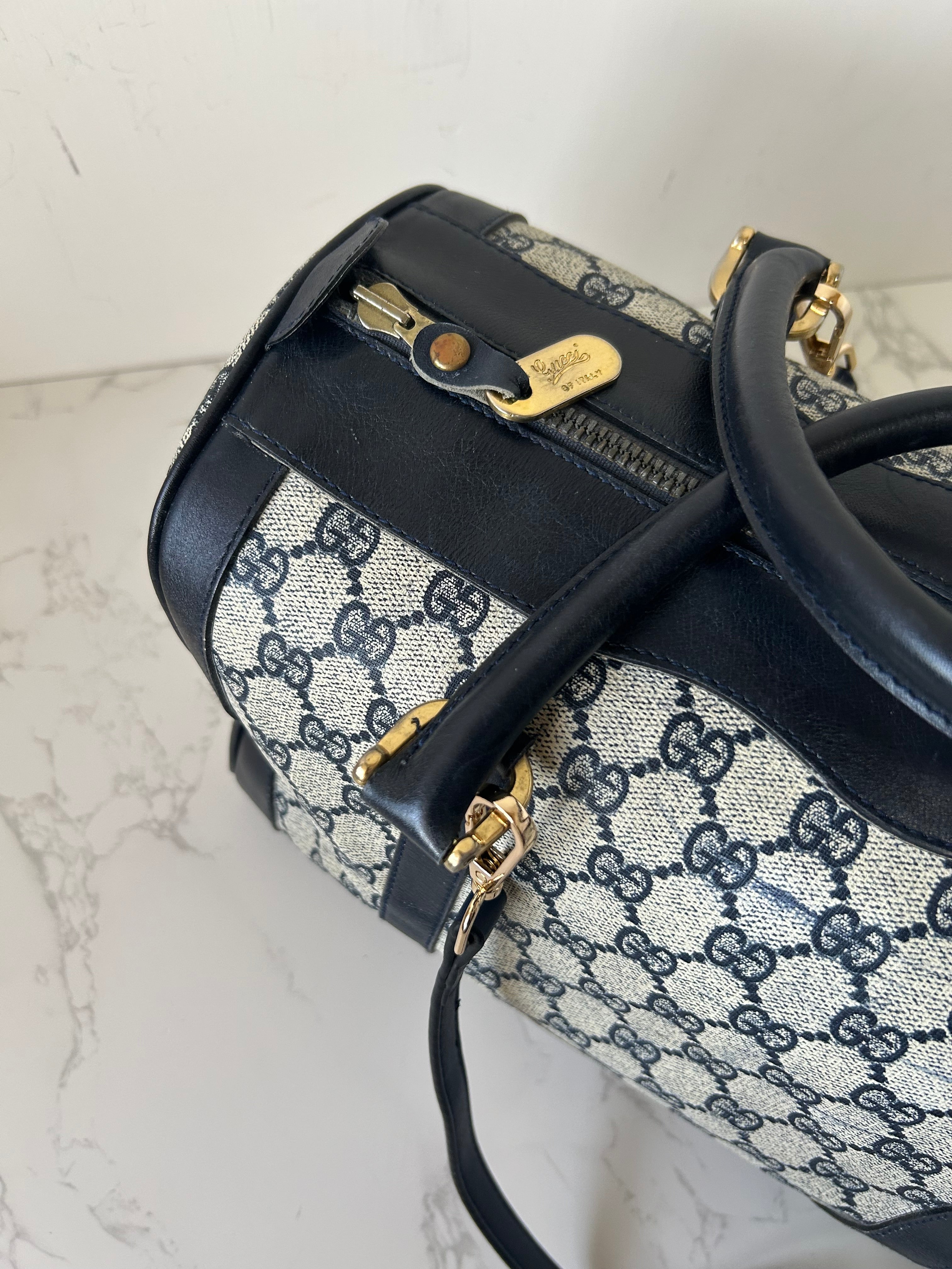 GUCCI rare blue and black old flower leather Boston bag / side bag / oblique bag