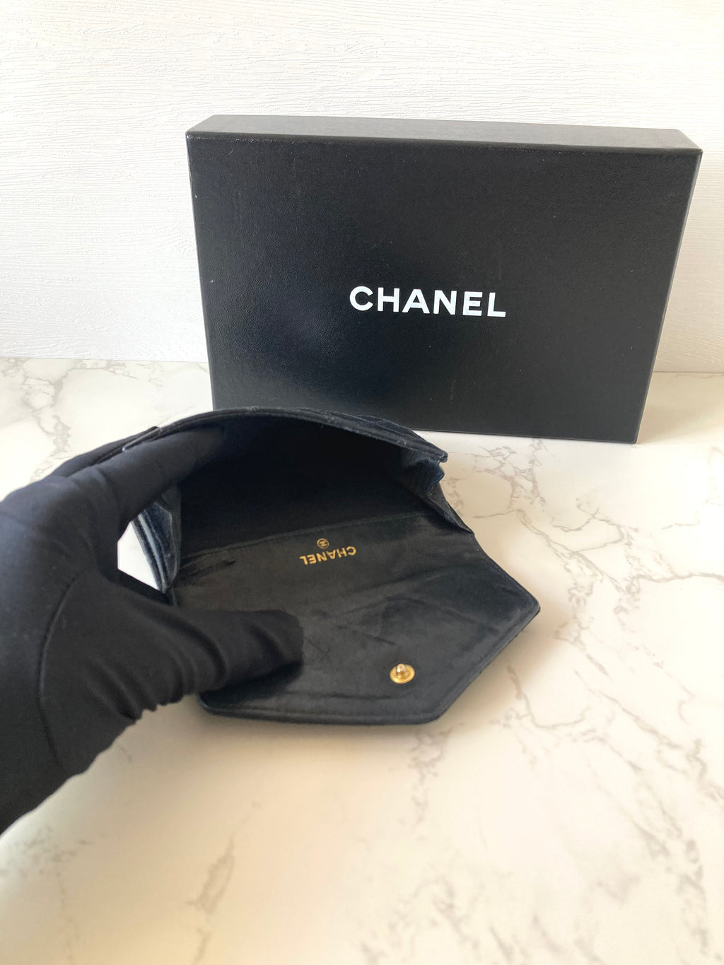 CHANEL Black x Gold Lamb Leather Compact Wallet