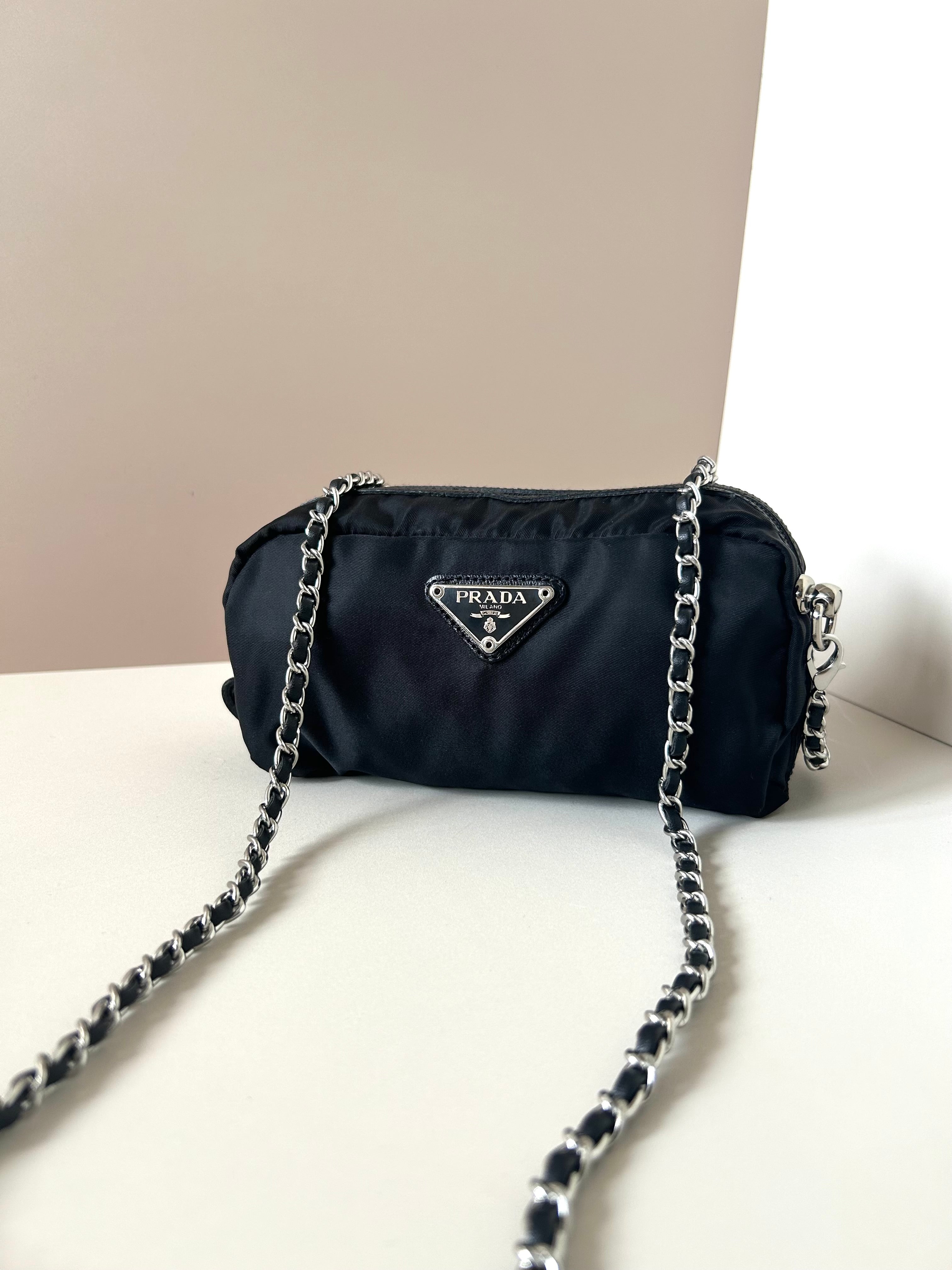 PRADA parachute black chain small bag/shoulder bag/side backpack
