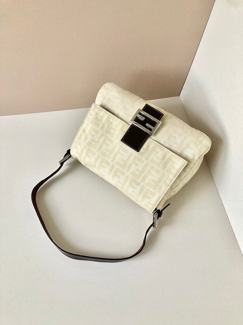 FENDI Zucchino white with brown old flower silver buckle large baguette underarm bag / side bag