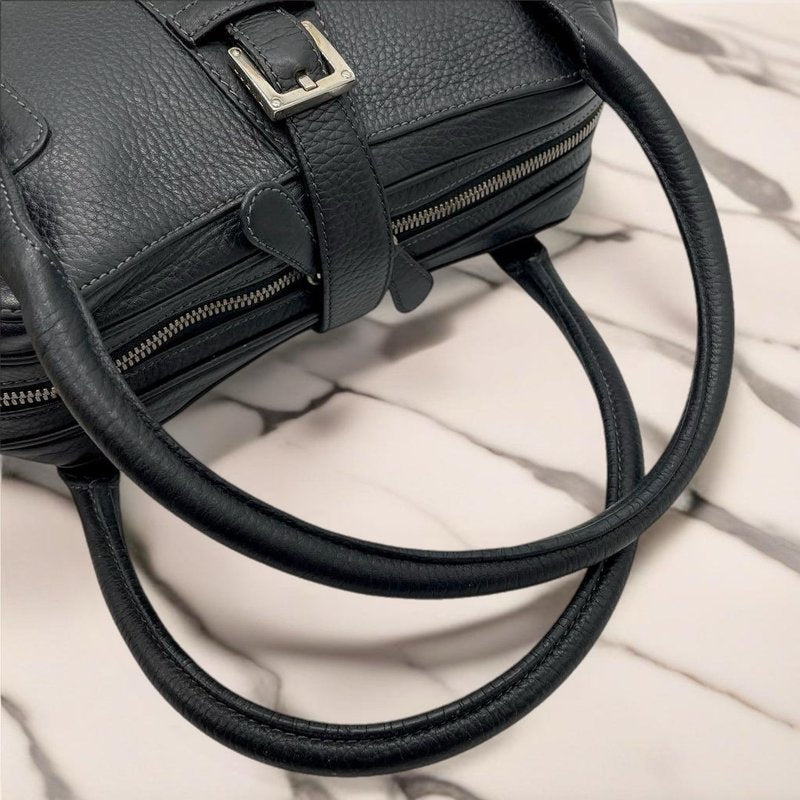 LOEWE Rare Senda Black Double Buckle Leather Embossed Tote / Bowling Bag