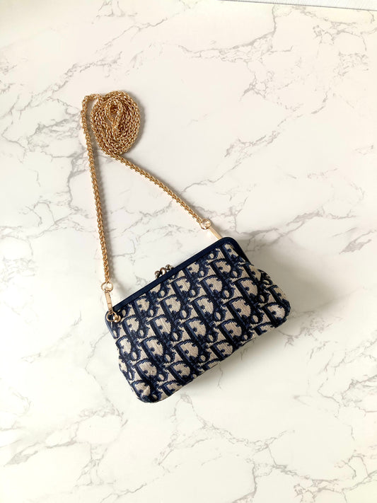 CHRISTIAN DIOR Navy Trotter x Beige Mini Two-way Crossbody Bag / Clutch