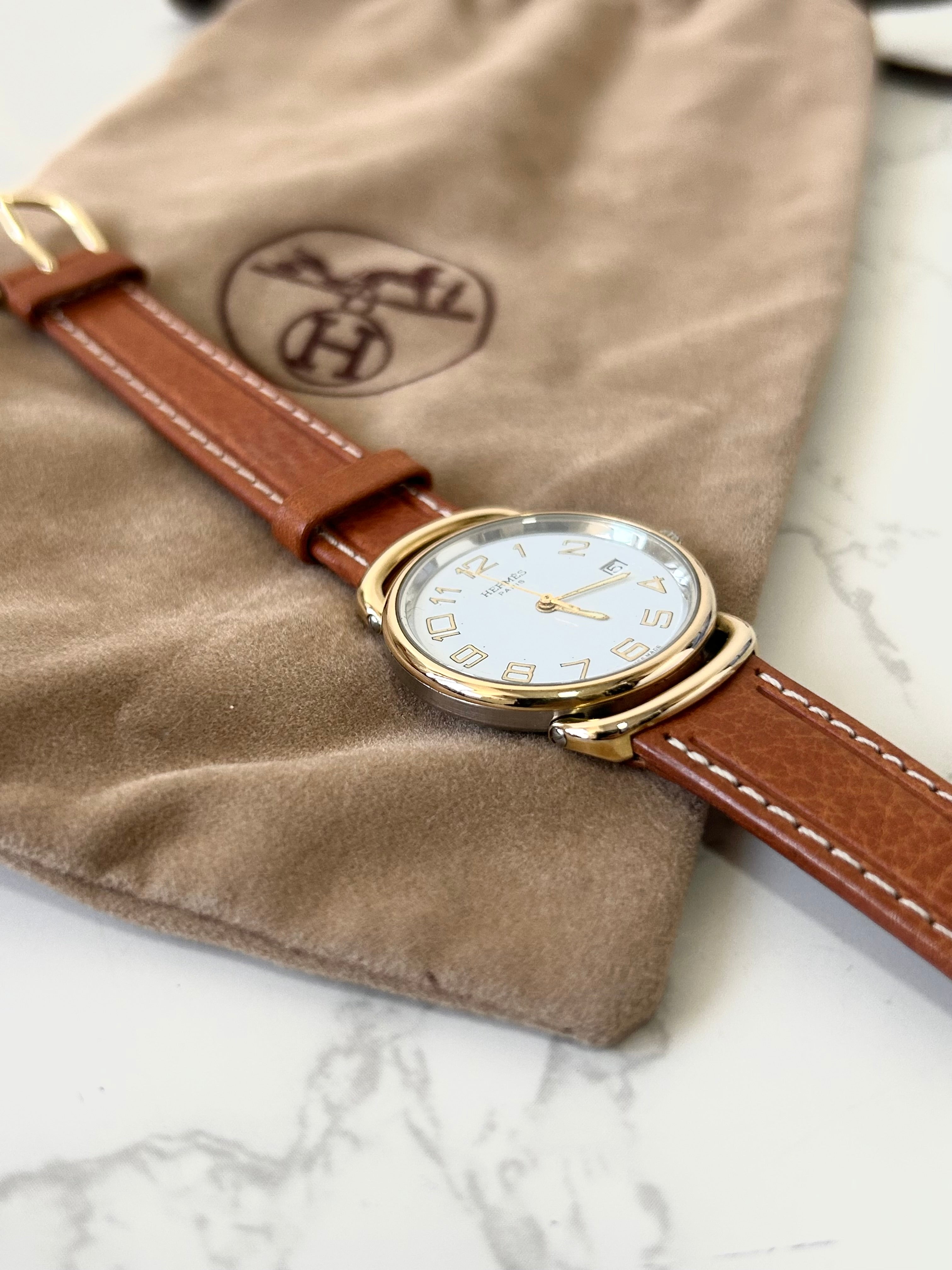 HERMES Pullman Gold Buckle Brown Belt Men's and Women's Antique Watch/Watch