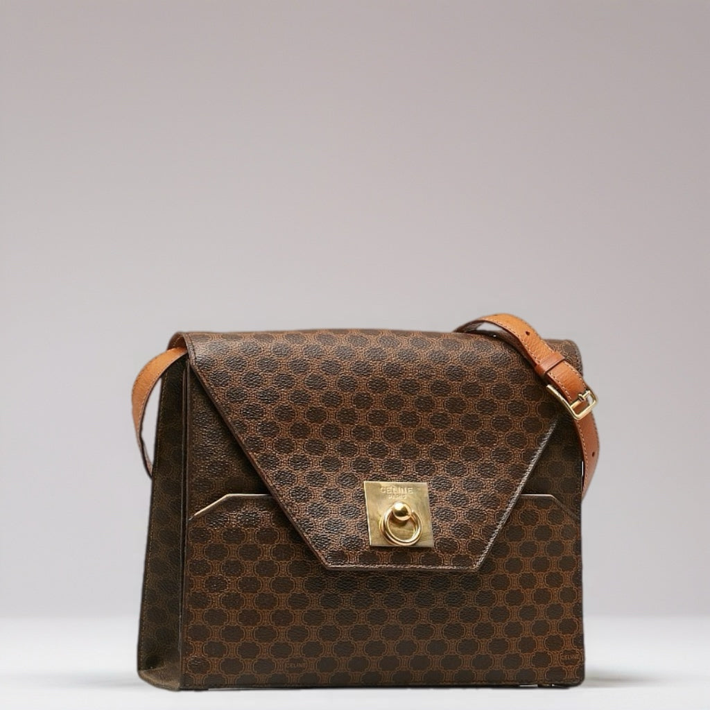 CELINE 中古咖啡色老花信封盒子包/側背包/斜背包