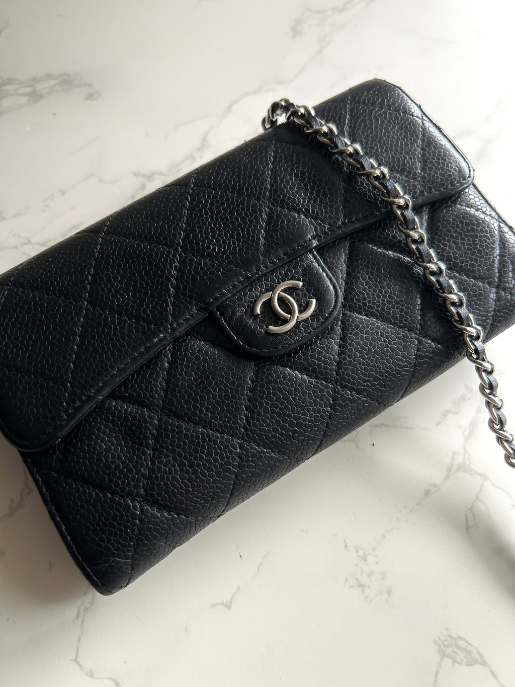 CHANEL Black Caviar Leather Long Wallet/Chain Side Bag/Slant Bag - Japanese Second-hand Vintage