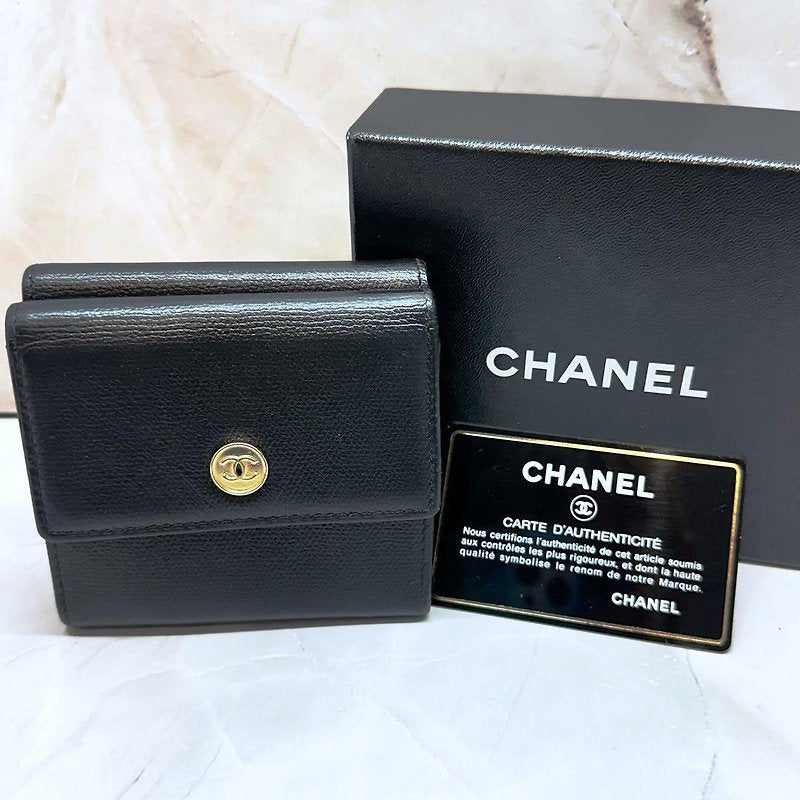 CHANEL 全套配件·稀有黑色牛皮皮革金幣短夾/小錢包