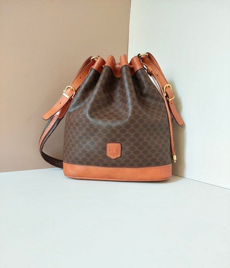 CELINE Brown Old Flower Leather Single Shoulder Drawstring Bucket Bag / Side Bag