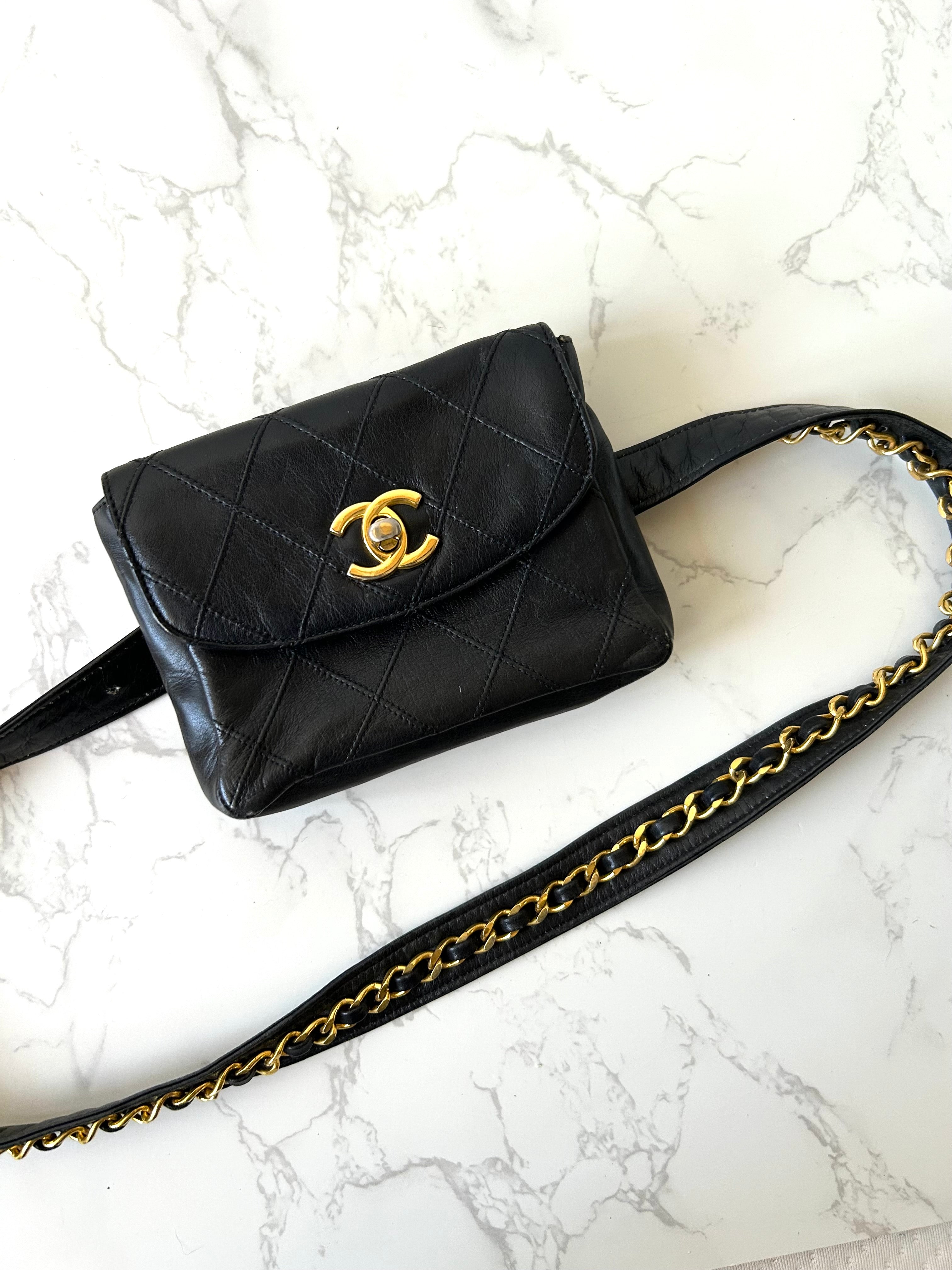 Rare CHANEL Matelassé Black Leather Gold Rotating Buckle Crossbody/Belt Bag/Shoulder Bag