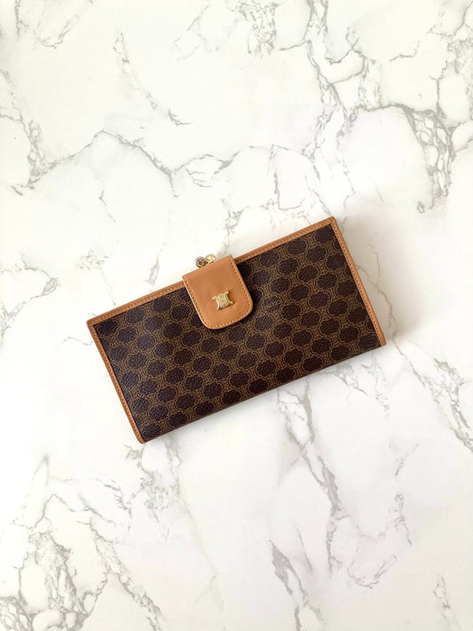 CELINE Brown Macadam Gold Triomphe Long Bi-fold Wallet