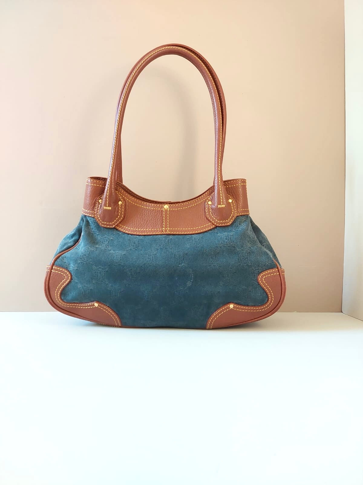 CELINE rare denim blue old flower leather small bag / side backpack / underarm bag