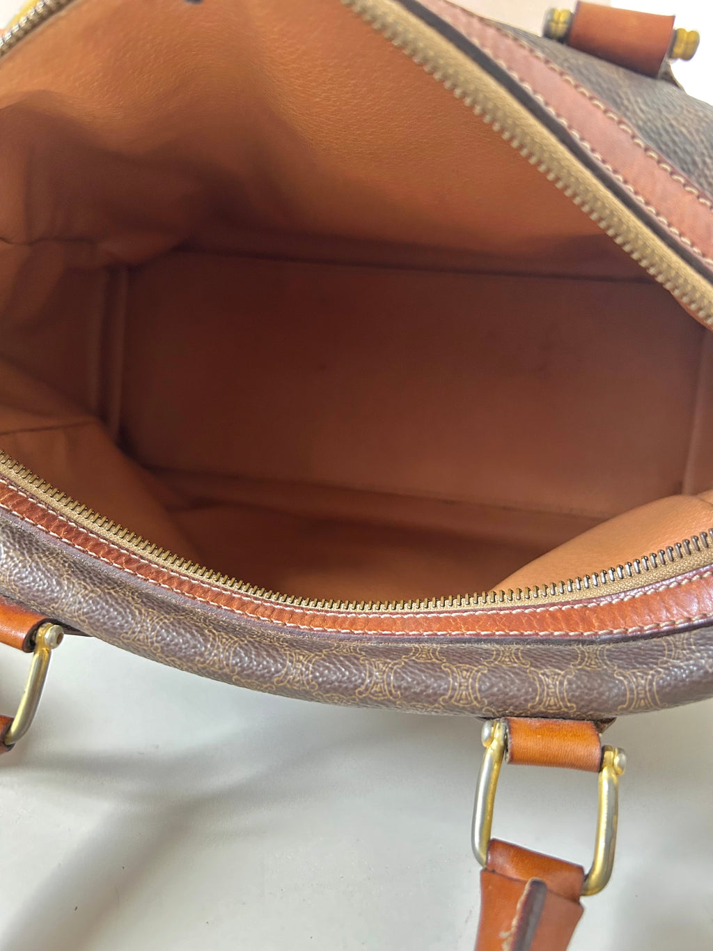 CELINE brown old flower leather Boston bucket bag/handbag/side bag/crossbody bag