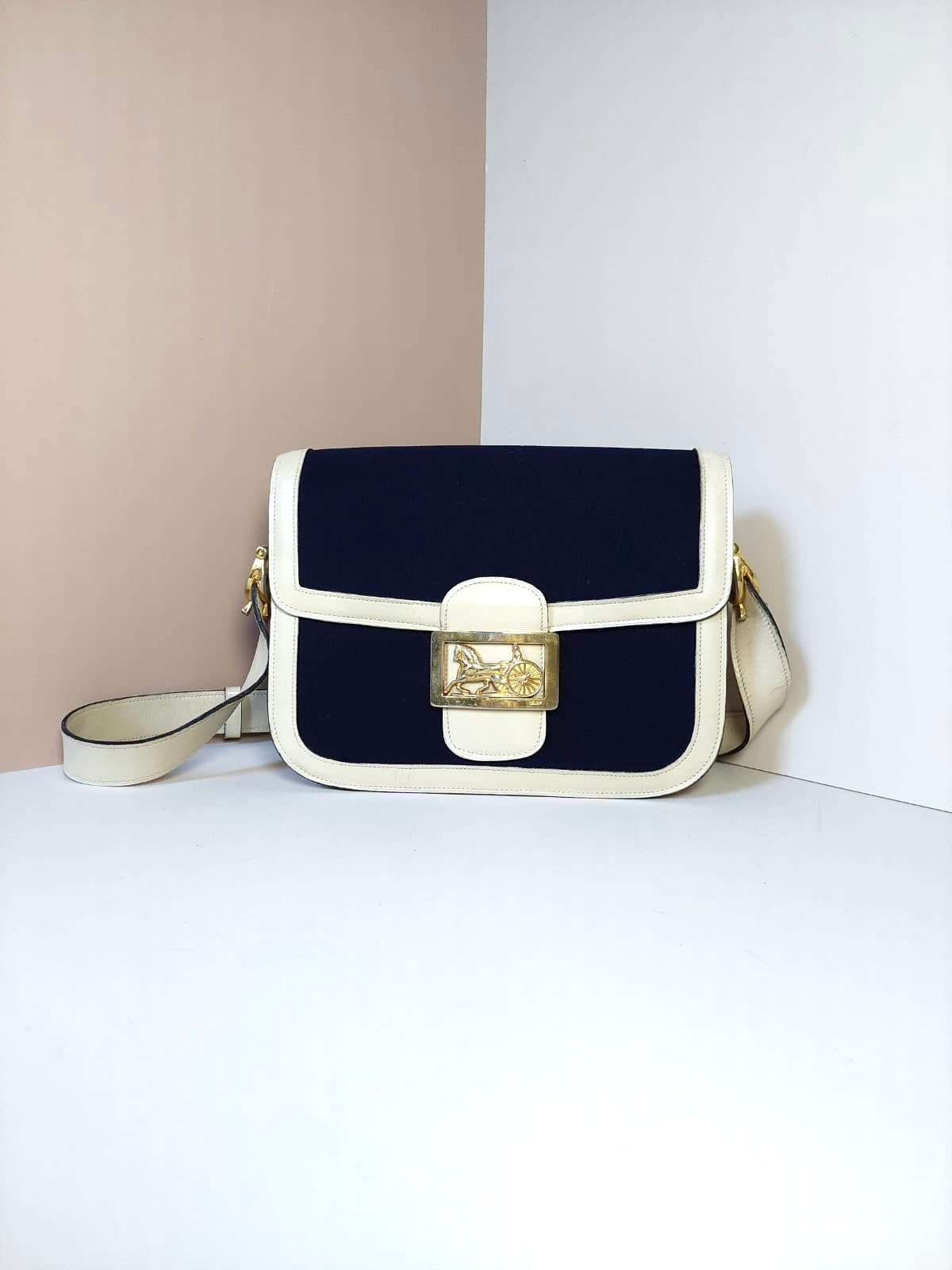 CELINE rare navy blue and white carriage gold buckle side bag