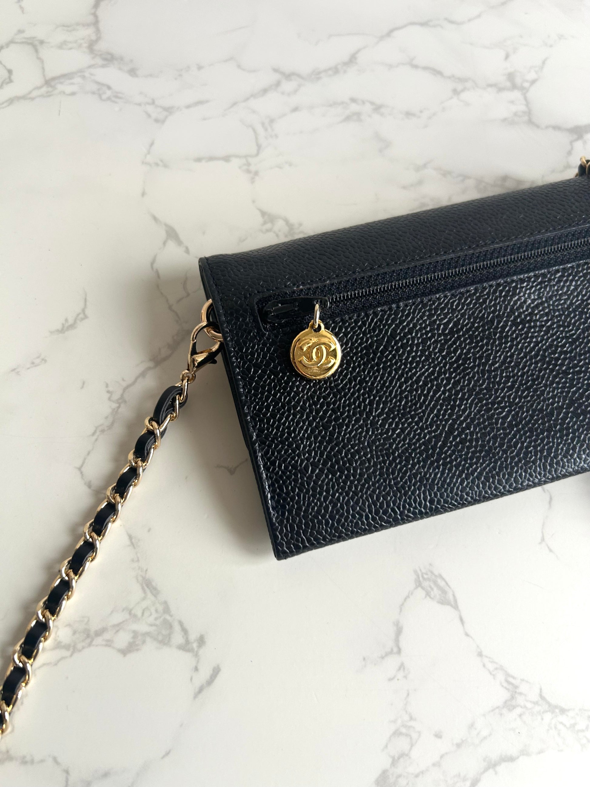 中古二手Chanel黑色魚子醬皮革WOC/側背包/斜背包/錢包