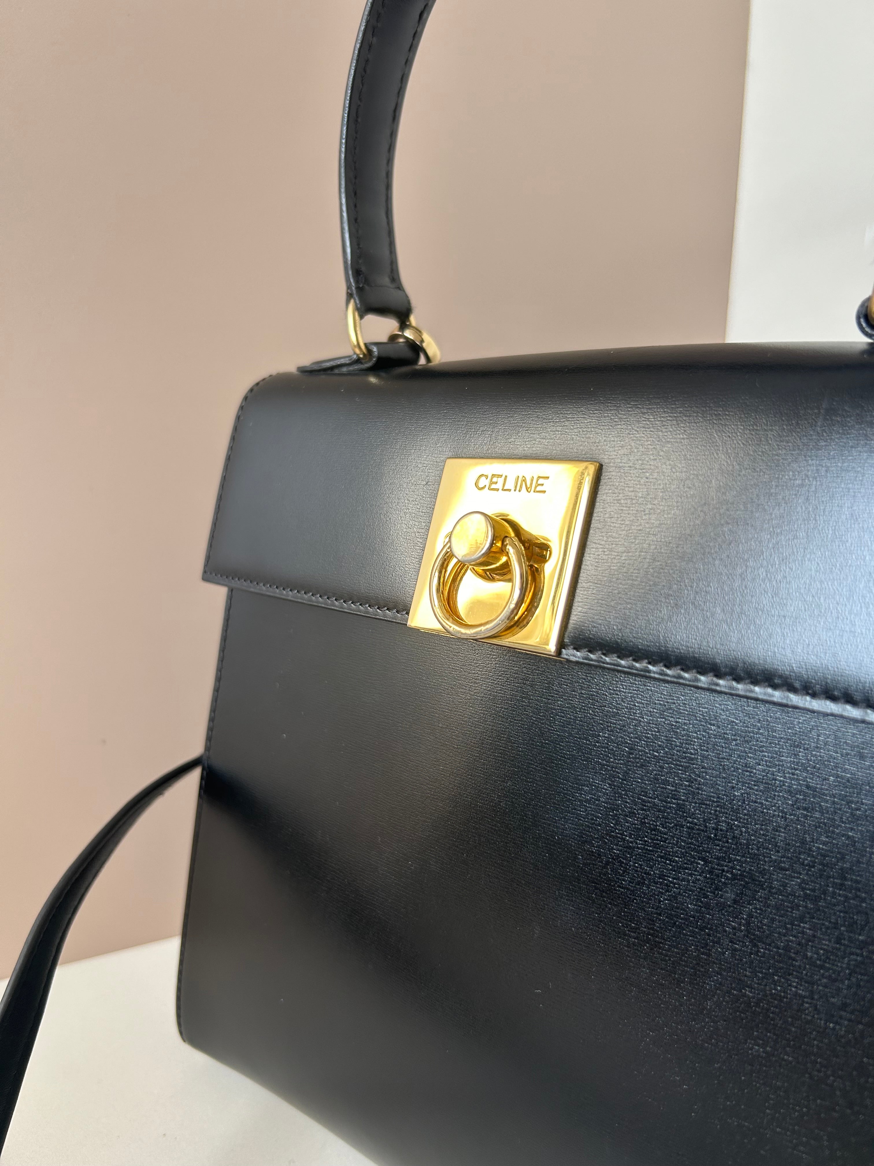 New arrival-CELINE rare black gold buckle small Kelly handbag/side bag/crossbody bag