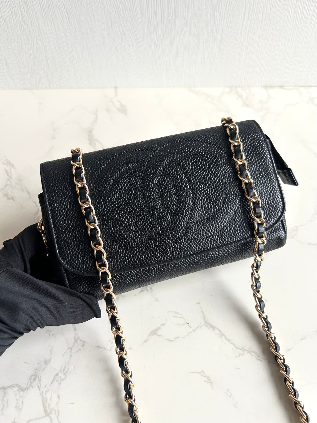 Chanel連鏡子黑金魚子醬皮革包 側背包 斜背包 中古包