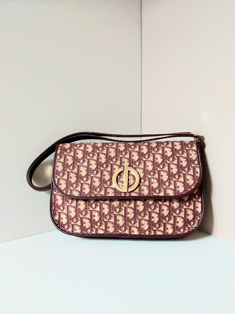 CHRISTIAN DIOR Burgundy old flower Bobby shoulder bag/side backpack/underarm bag