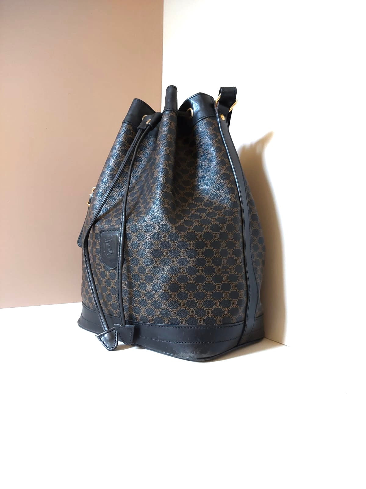 CELINE black monogram leather drawstring bucket bag/side bag